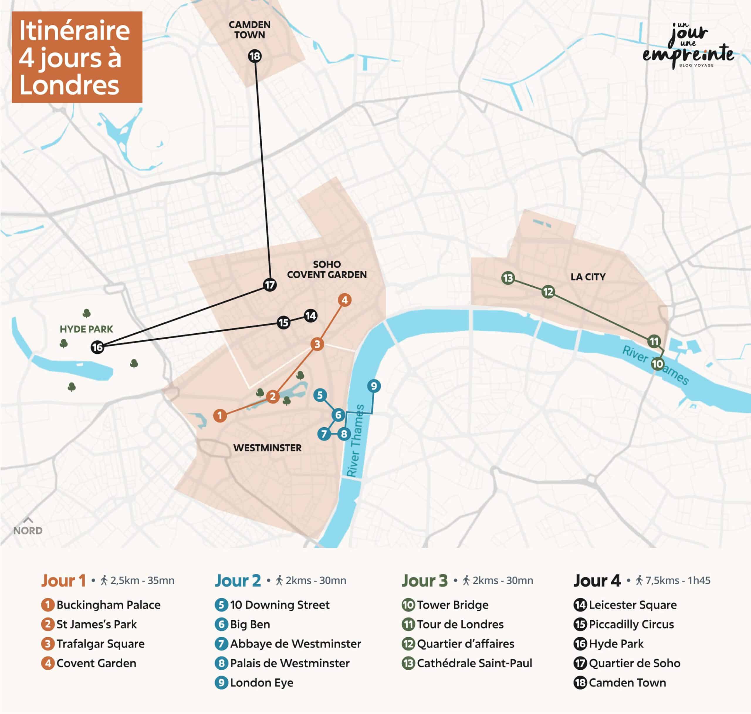 Carte pour un itinéraire de 4 jours à Londres 